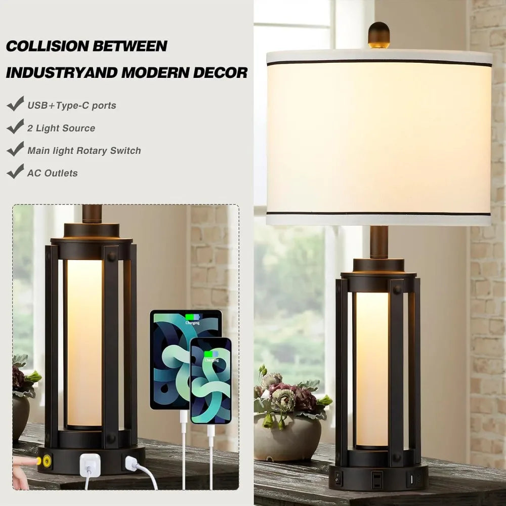 25" Modern Table Lamps Set of 2, Industrial Beside Lamps with USB A+C Charging Ports & AC Outlet, Nightstand Lamp with Glass Nig