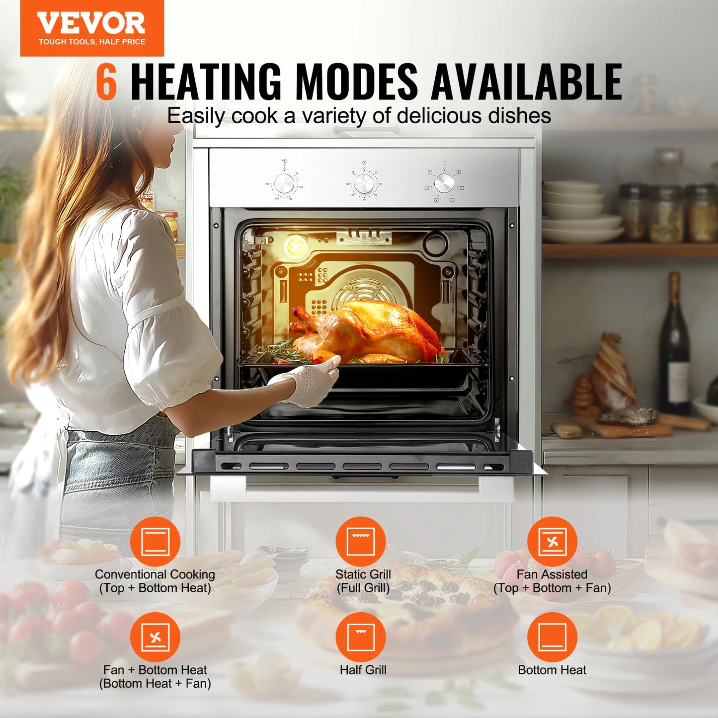 SucceBuy 2000W 3550W Single Wall Oven Electric Built-in Wall Oven 6Cooking Functions with Timer Baking Rack and Tray for Kitchen