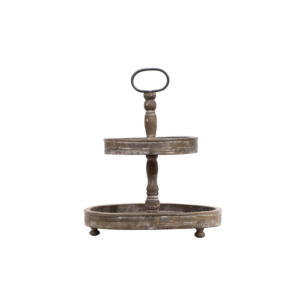 Distressed Brown Wood 2-Tier Tray with Metal Handle Kitchen Centerpiece Storage Display Spice Organizer Home Decor