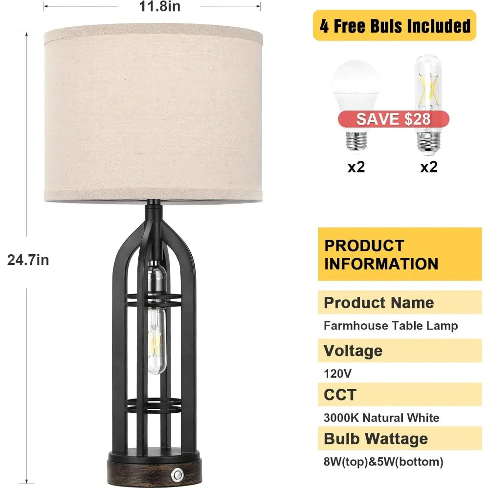 Seealle Table Lamps for Living Room Set of 2 - Black Bedside Lamp for Bedroom with USB C+A & Outlet, Farmhouse Lamps for Night S