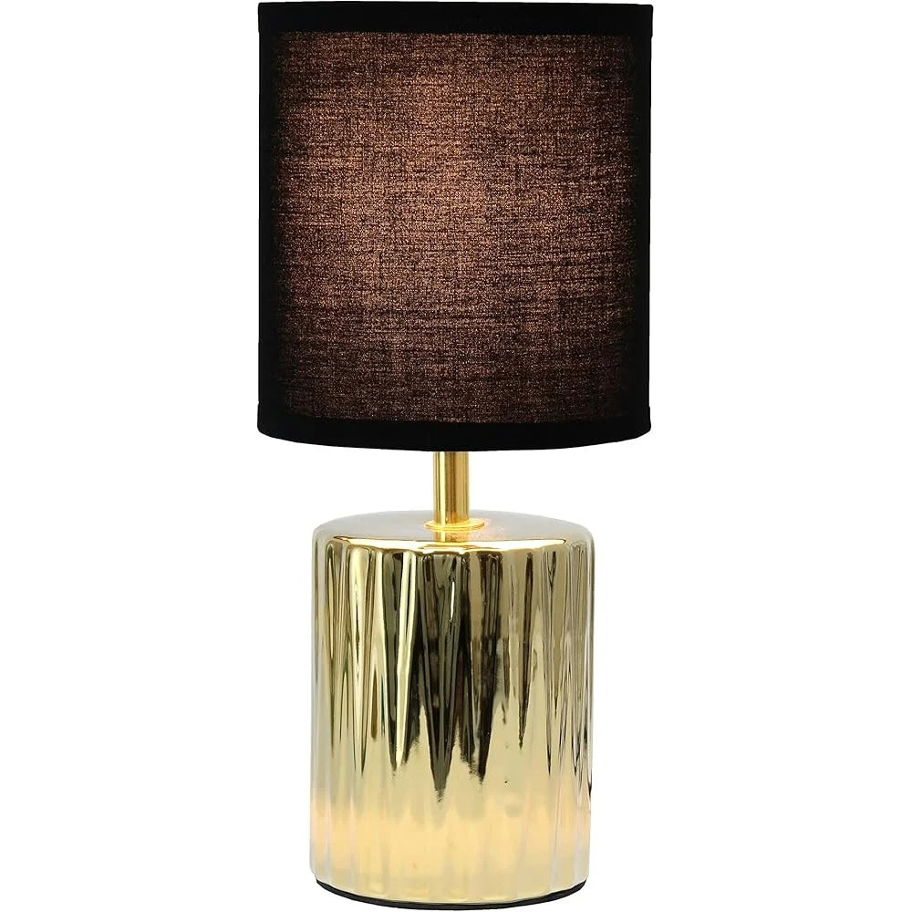 Modern Metallic Gold Ruffled Table Lamp with Black Drum Shade Accessible Switch Home Decor Accent Lighting 11.61 Inch Height
