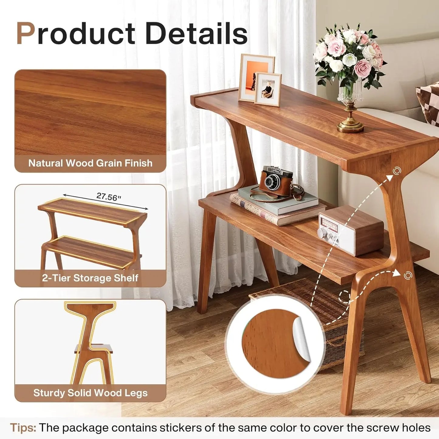 Narrow End Table for Living Room, 2-Tier Slim Sofa Side Table with Solid Wood Legs, Modern Tall End Table with Storage Shelf