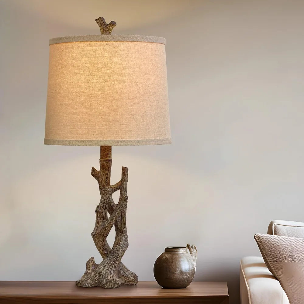 OYEARS 23" Rustic Farmhouse Table Lamp Country Cottage Lamps for Nightstand Tree Trunk Wood Grain Lamp for Bedroom Living Room w