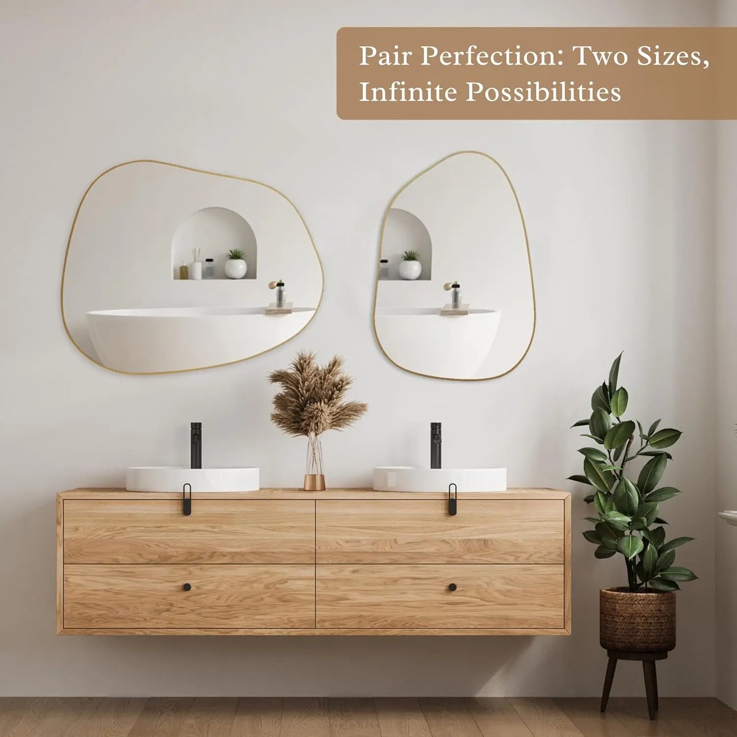 Irregular Wall Mirror Asymmetrical Mirror, 32''x24'' Golden Wood Framed Mirror for Bathroom Bedroom Living (Gold, 32''x24'')