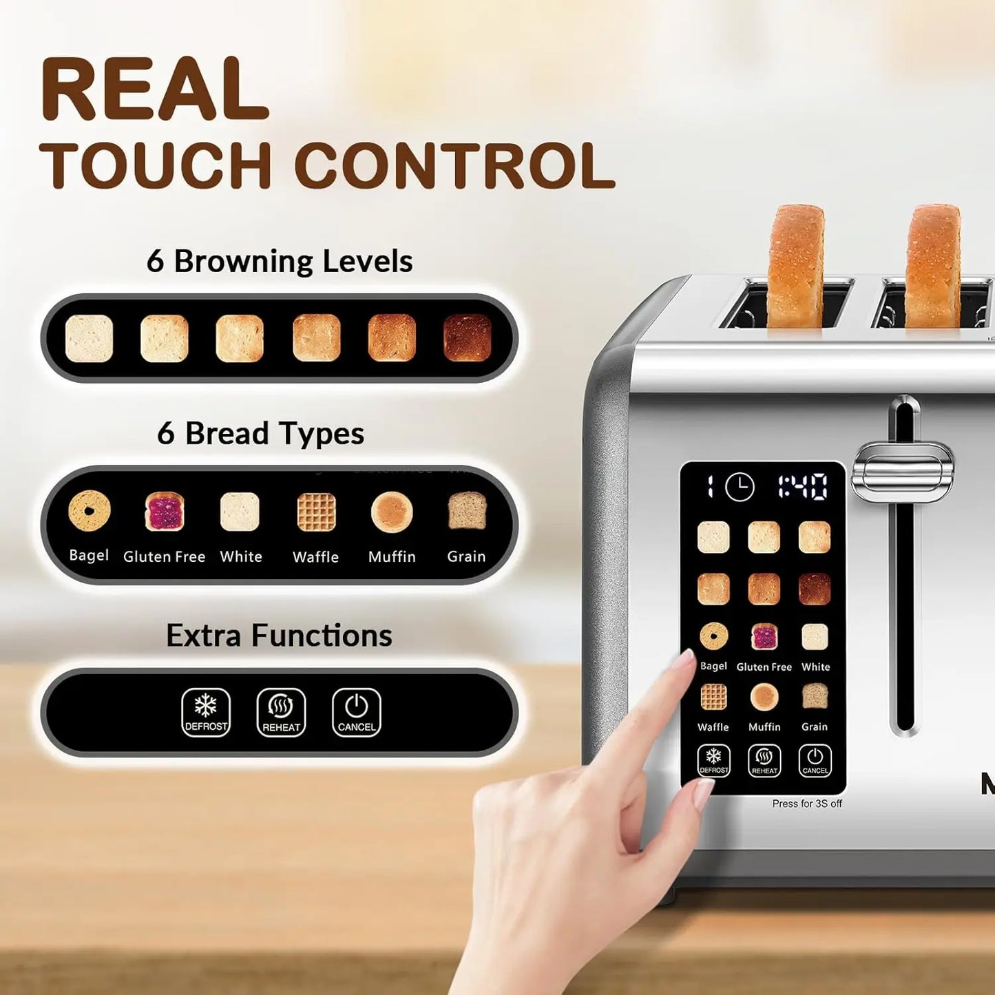 Smart Stainless Steel 4-Slice Toaster Digital Control Panel Bagels Muffins Waffles Bread Making Kitchen Appliance
