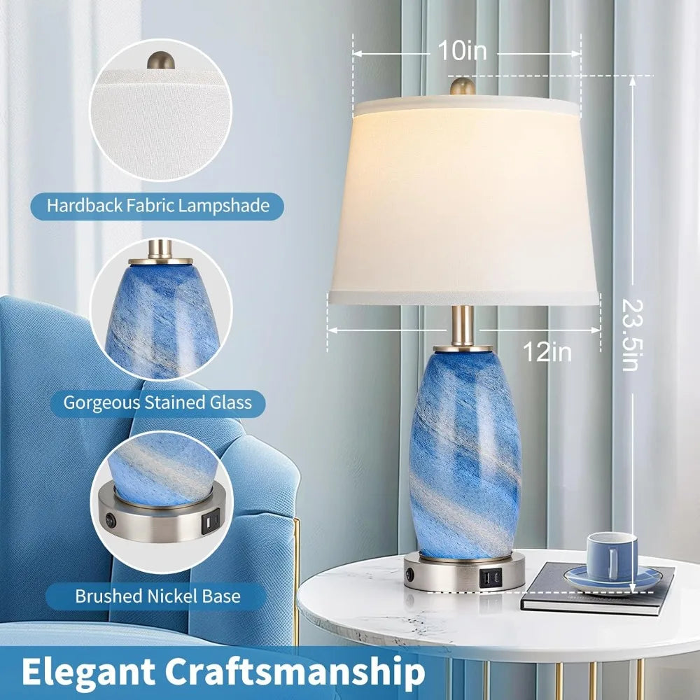Blue Lamps Set of 2 for Bedroom & Bedside with 3-Way Lighting Modes & USB C+A - Modern Style Glass Nightstand Table Lamps for Li