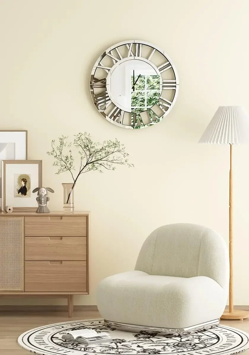 24" Large Wall Clock Decorative, Acrylic Mirrored Clock for Living Room Decor, Big Silver Modern Wall Clocks Decor