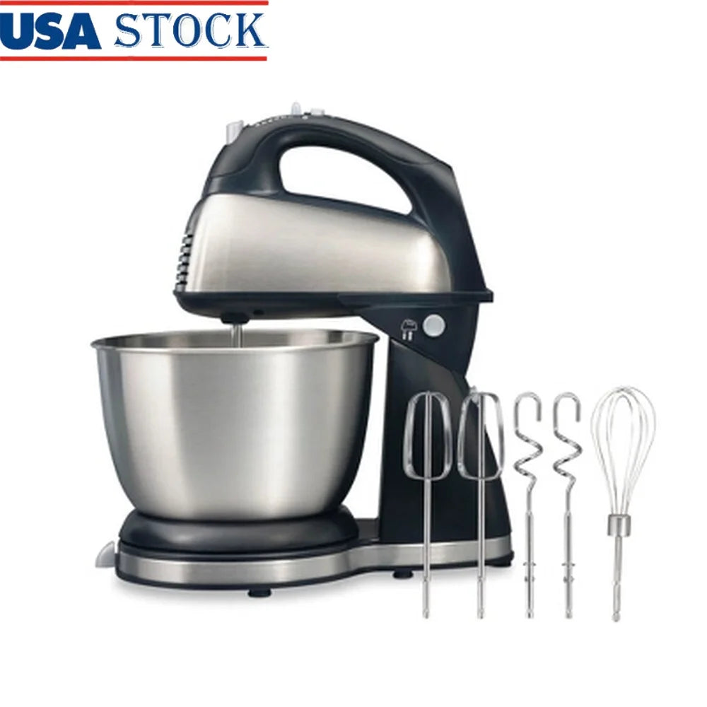 6-Speed Hand Mixer Stand Mixer 290W Dishwasher Safe 4QT Stainless Steel Bowl 5 Attachments Shift Stir Lever Kitchen Appliance
