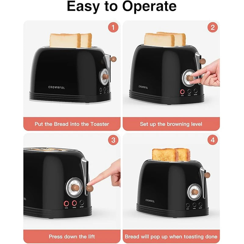 CROWNFUL 2-Slice Toaster Stainless Steel Extra Wide Slots Toaster Cancel Defrost and Bagel Functions for Toasting Bread Waffle
