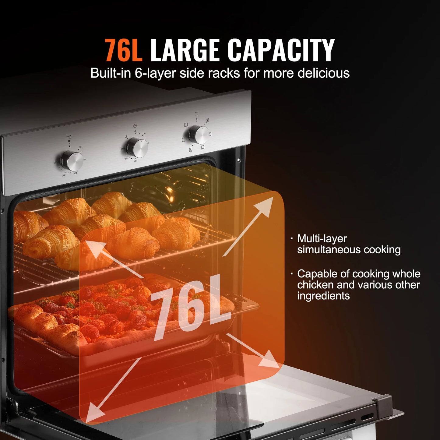 SucceBuy 2000W 3550W Single Wall Oven Electric Built-in Wall Oven 6Cooking Functions with Timer Baking Rack and Tray for Kitchen