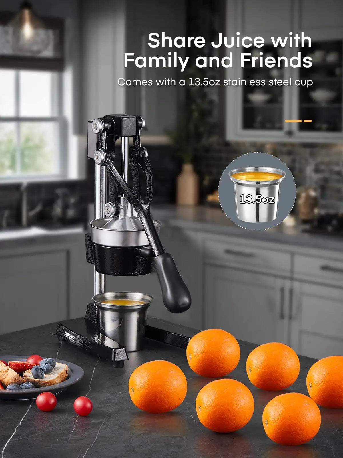 Manual Citrus Juicer Easy Juicing, Easy Clean Stainless Steel and Cast Iron