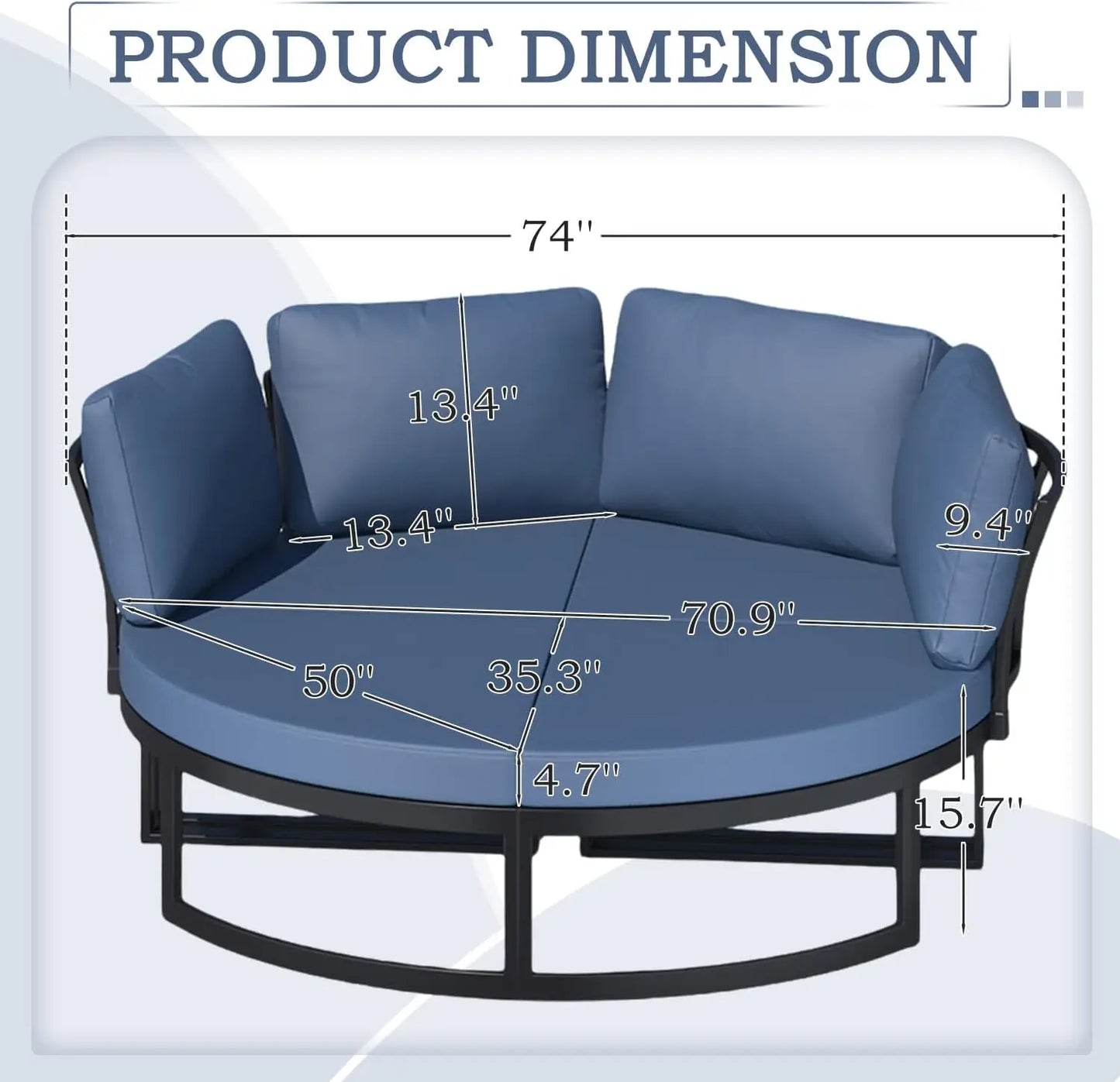 Metal Patio Furniture Set 74" Wide Outdoor Daybed with Extra Large 4 Pieces Seating Separates Cushioned Seats Sectional Round Da