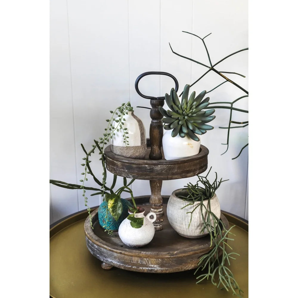 Distressed Brown Wood 2-Tier Tray with Metal Handle Kitchen Centerpiece Storage Display Spice Organizer Home Decor