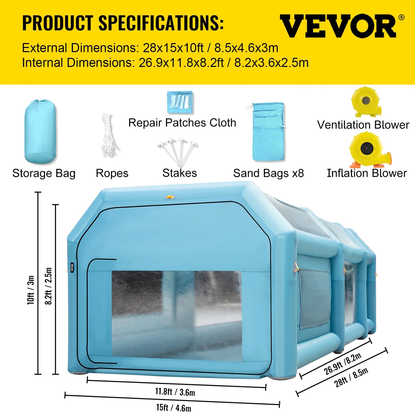 SucceBuy Inflatable Paint Booth 8.5x4.6x3m Carport Car Spray Tent W/ 2Blower Auto Workstation Mobile Shelter Room Outdoor Garage