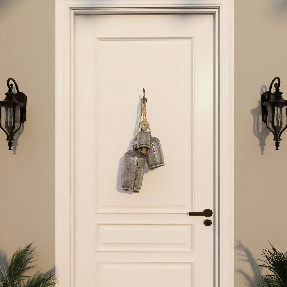 Gray Metal Tibetan Inspired Decorative Cow Bell Chime Set of 3 Indoor Outdoor Rustic Hanging Bells Home Meditation Decor