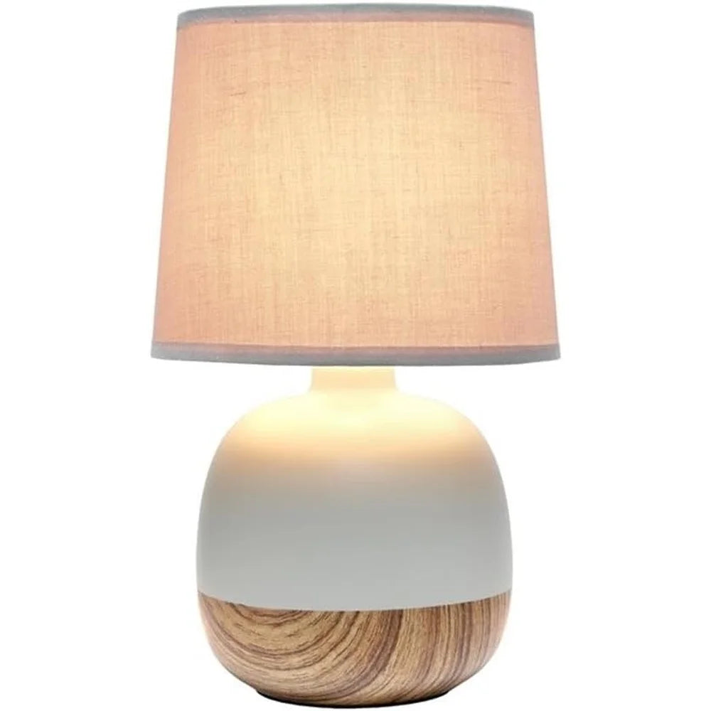 Petite Mid Century Table Lamp Wood Print Base Gray Fabric Shade E12 Bulb Compatible 5ft Plug Cord Home Decor Lighting