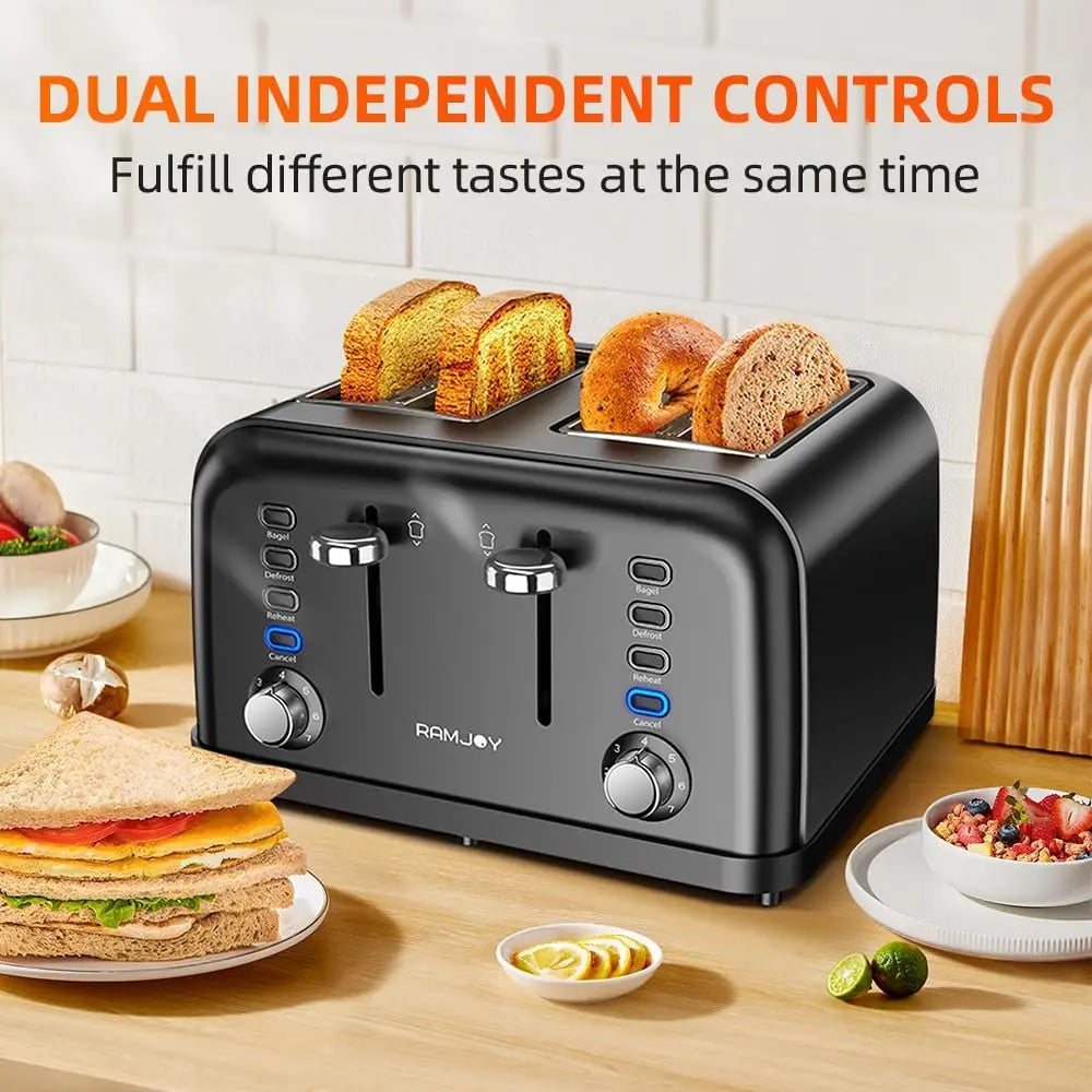 Black 4-Slice Toaster Extra Wide Slot Bagel Bread Waffles 7 Shade Settings Dual Independent Controls Kitchen Cooking Appliance