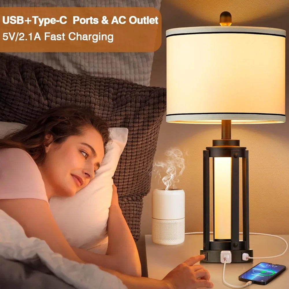 25" Modern Table Lamps Set of 2, Industrial Beside Lamps with USB A+C Charging Ports & AC Outlet, Nightstand Lamp with Glass Nig