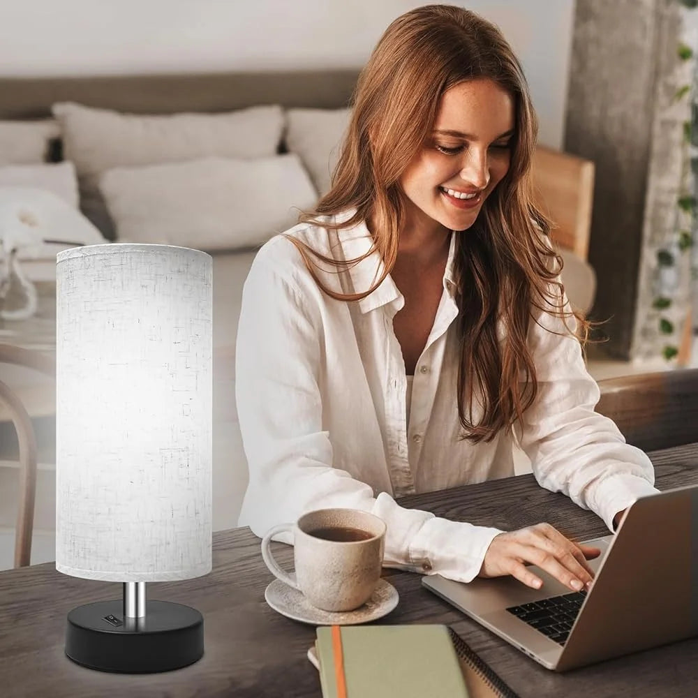 Set of 2 Minimalist Bedside Lamps with Flaxen Fabric Shade Instant On Off Switch Bedroom Living Room Desk Reading