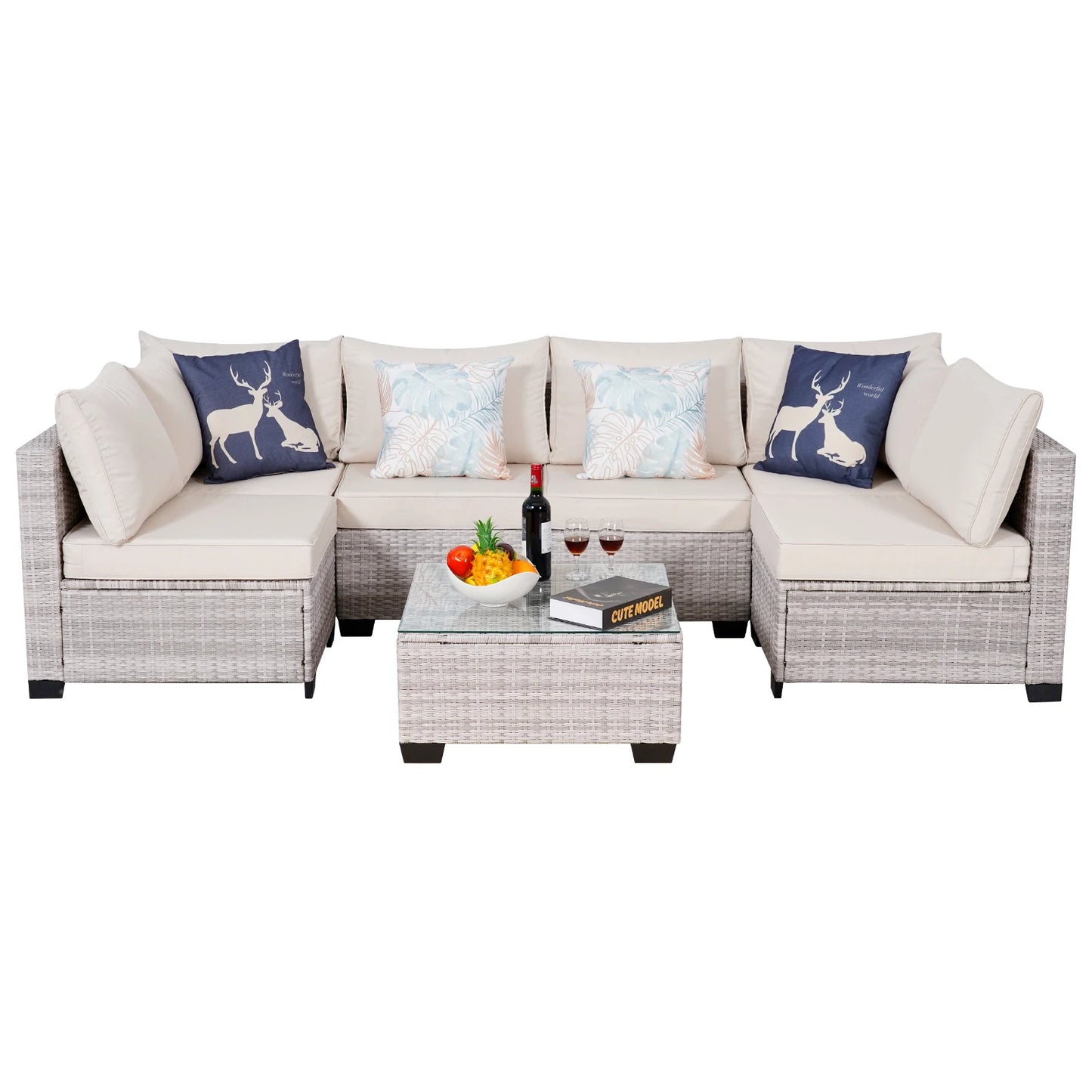 NAGA BAHNA Outdoor Patio Furniture, 7 Piece Outdoor Sectional Sofa PE Rattan Wicker Patio Conversation Sets with Thick Cushions