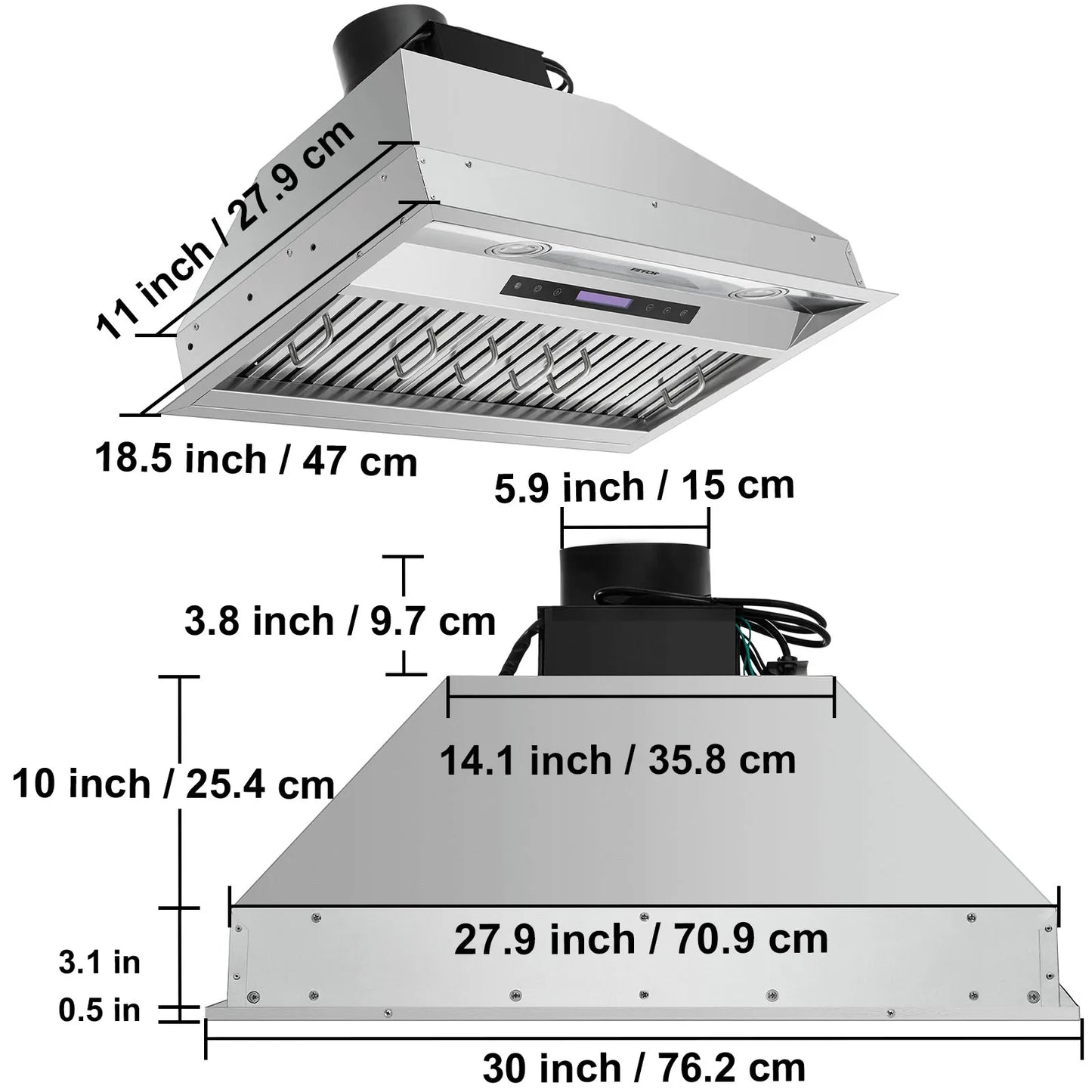 SucceBuy 30/36 inch Built-in Range Hood 800/900CFM Stainless Steel with LED Lights Baffle Filters Ducted Convertible ETL