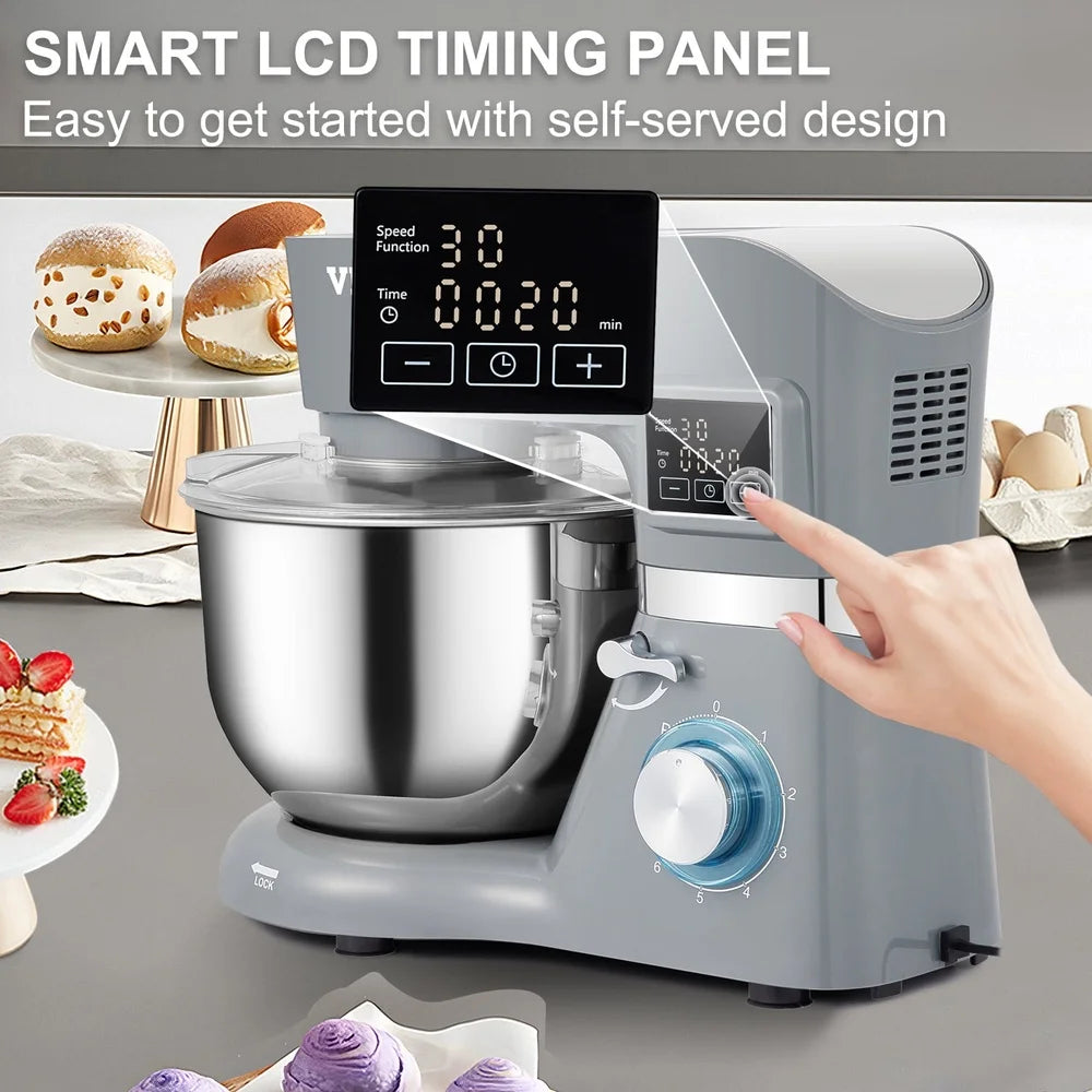 5.8 Qt Stand Mixer with Stainless Steel Bowl Beater Hook Whisk LCD Control 660W Pure Copper Motor Kitchen Baking Mixer