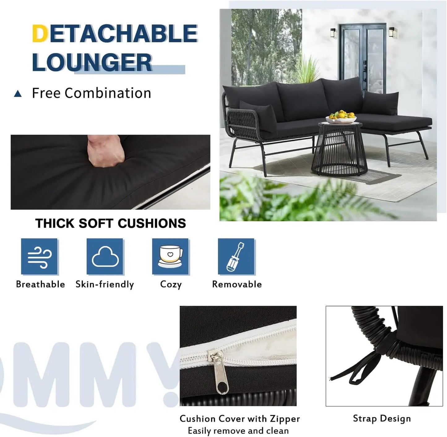 3 Piece Patio Conversation Sets, L-Shaped Sectional Patio Furniture Sofa Set with Thick Cushions and Toughened Glass Coffee Tabl