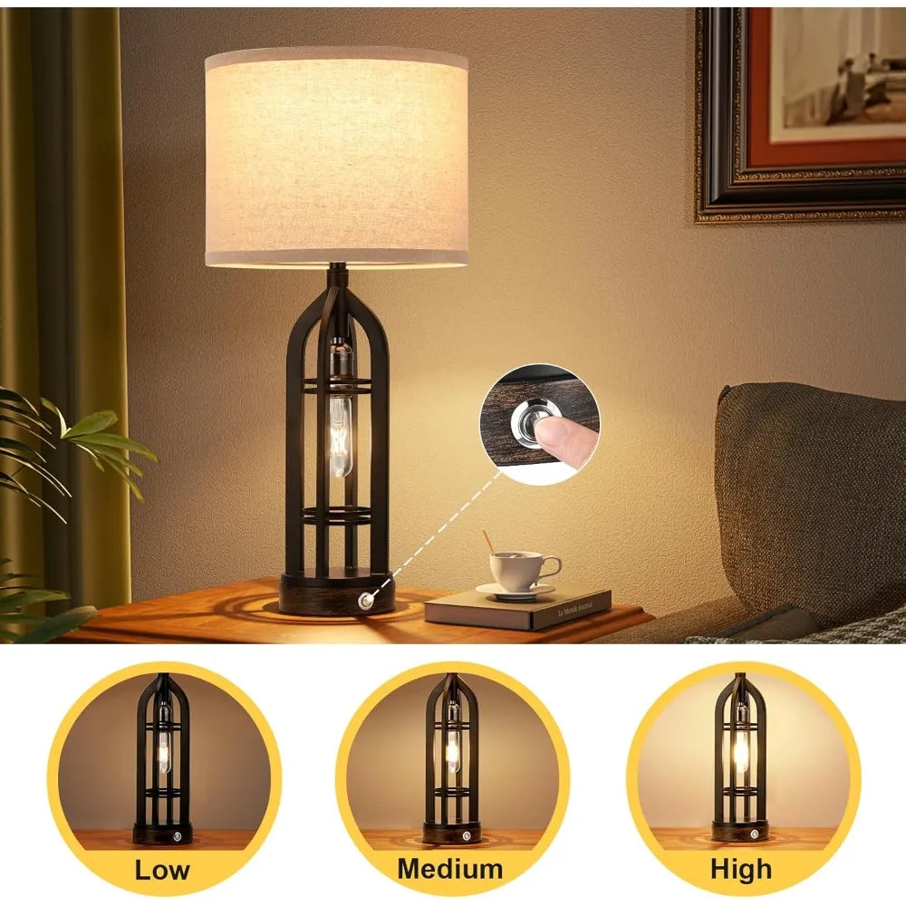 Seealle Table Lamps for Living Room Set of 2 - Black Bedside Lamp for Bedroom with USB C+A & Outlet, Farmhouse Lamps for Night S