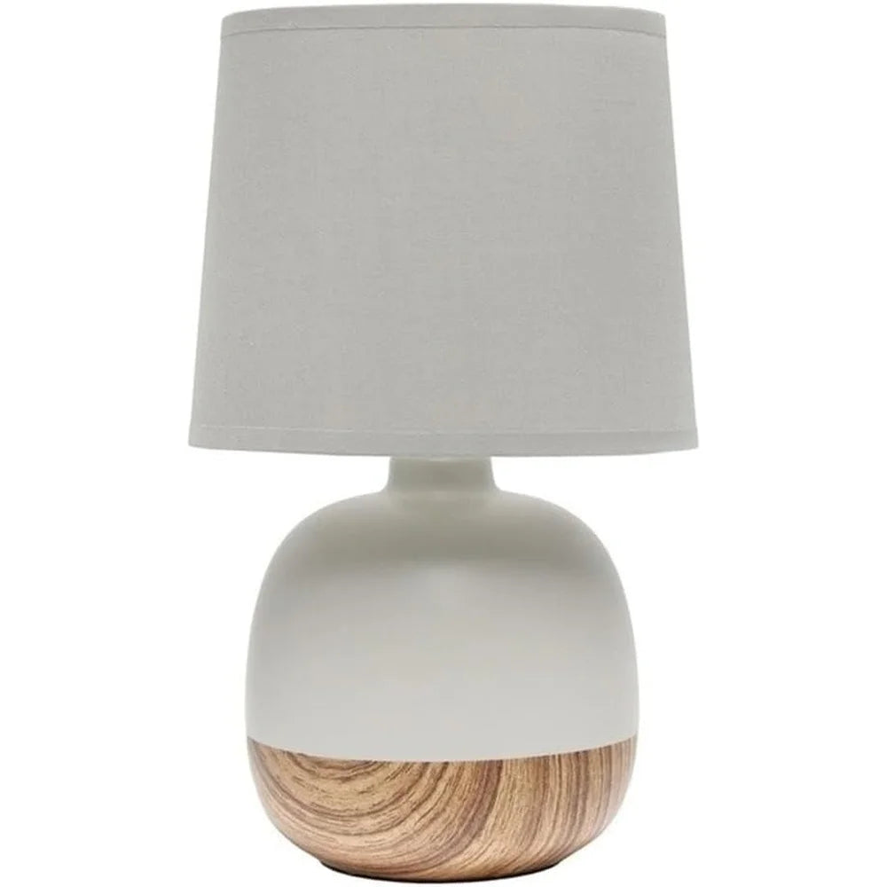 Petite Mid Century Table Lamp Wood Print Base Gray Fabric Shade E12 Bulb Compatible 5ft Plug Cord Home Decor Lighting