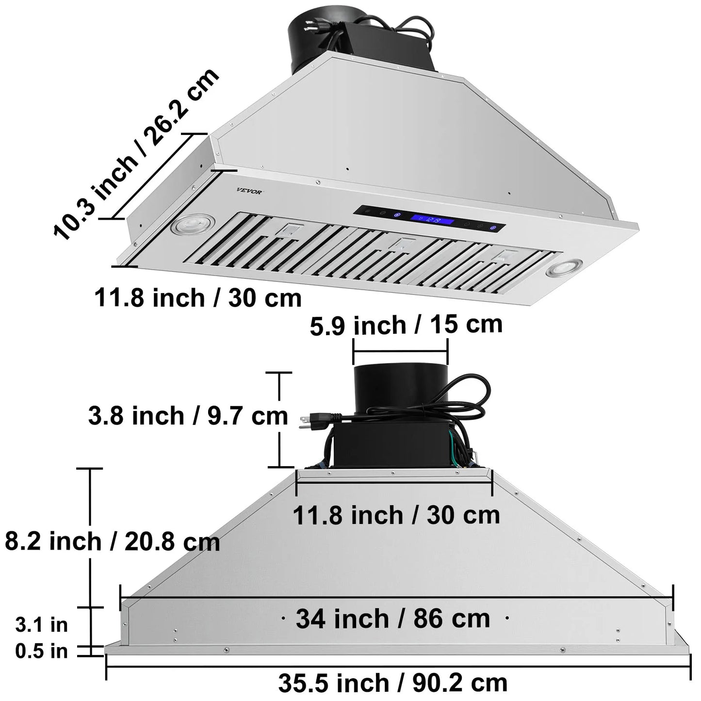 SucceBuy 30/36 inch Built-in Range Hood 800/900CFM Stainless Steel with LED Lights Baffle Filters Ducted Convertible ETL