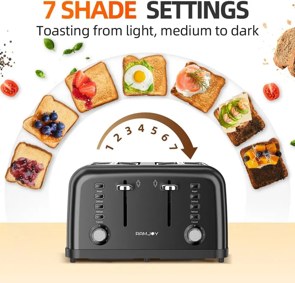 Black 4-Slice Toaster Extra Wide Slot Bagel Bread Waffles 7 Shade Settings Dual Independent Controls Kitchen Cooking Appliance