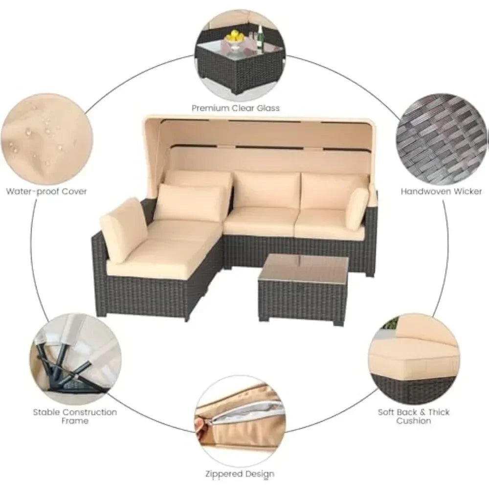 6pcs Outdoor Rattan Wicker Furniture, Patio Furniture Set with Waterproof Cushions, Reinforced Glass Table, Canopy, Durable PE