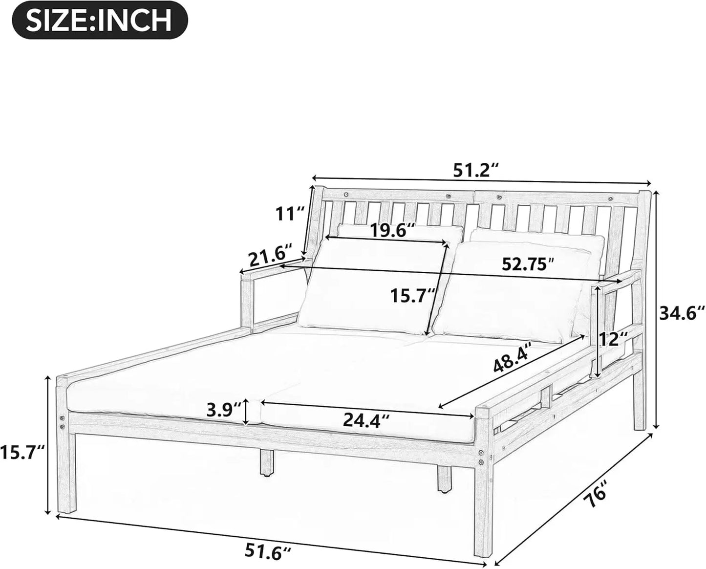 Outdoor Daybed Patio Daybed with Four Pillows Wooden Outdoor Bed with Curved Armrests for Poolside Backyard Garden (Gray+Beige C