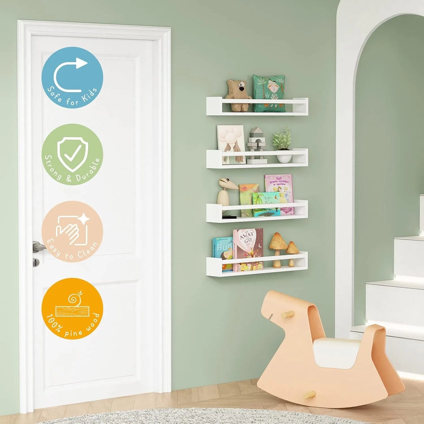 24 Inch Wall Bookshelf for Kids Bedroom Set of 4, White Floating Nursery Book Shelves for Baby Toddler Children Girls Boys Room