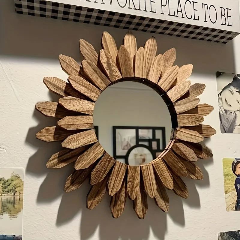Wooden Wall-mounted Mirror Sunflower Make-up Mirror Creative Round Mirror Bohemian Style Bedroom Decorative Mirror