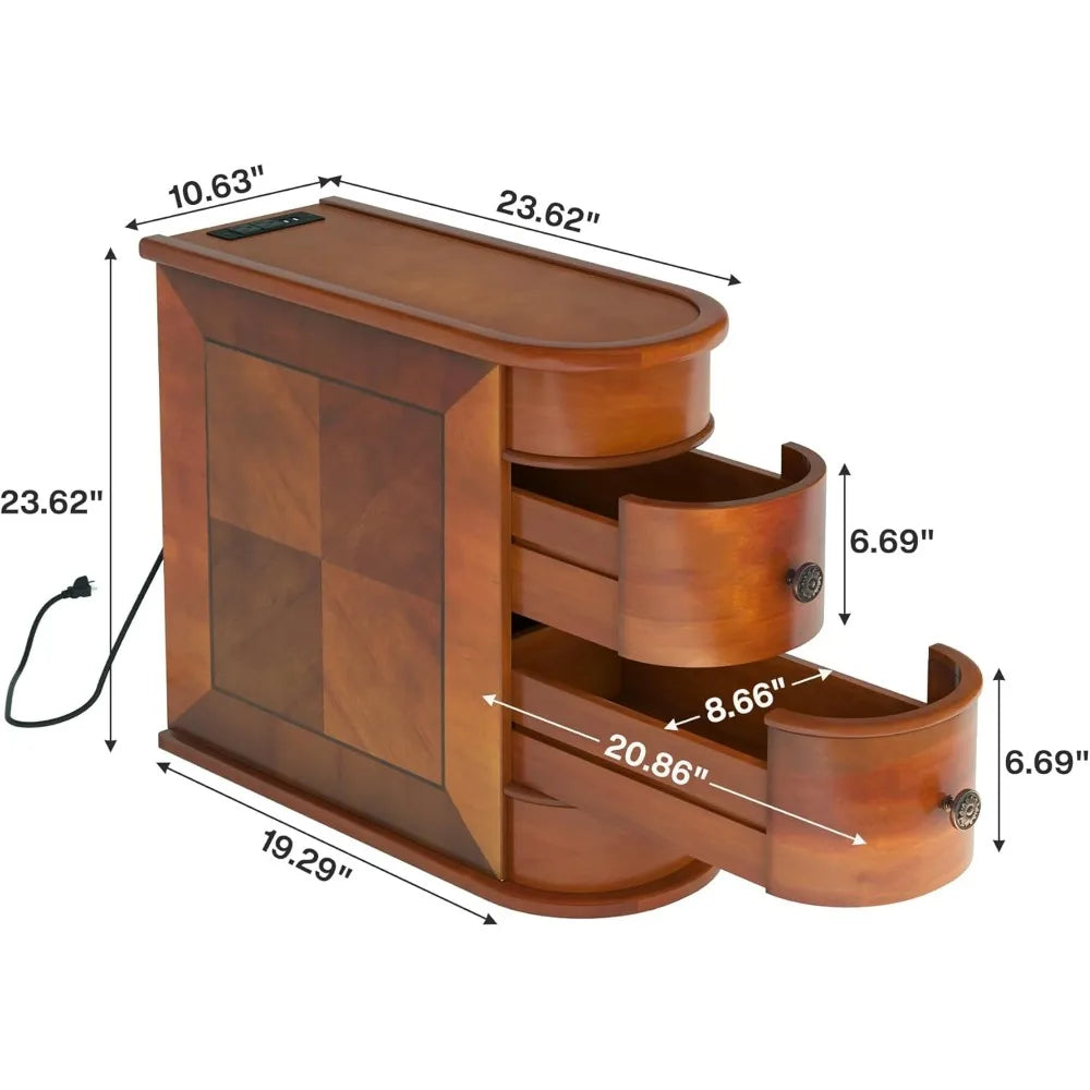 Wood End Table, 2-Drawer Narrow Side Table with Charging Station, No Assembly Required, Finished Back