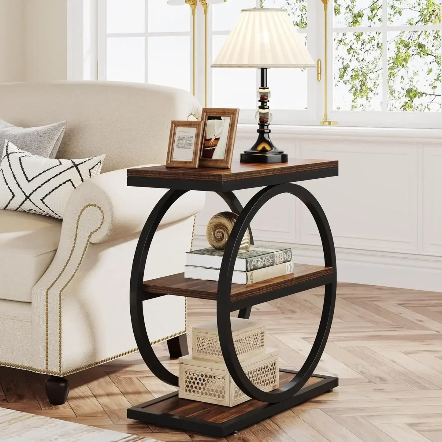 Narrow End Table with 3 Storage Shelves,Wood Side Table with Black Metal Frames,Industrial Small Sofa Side Table for Living Room