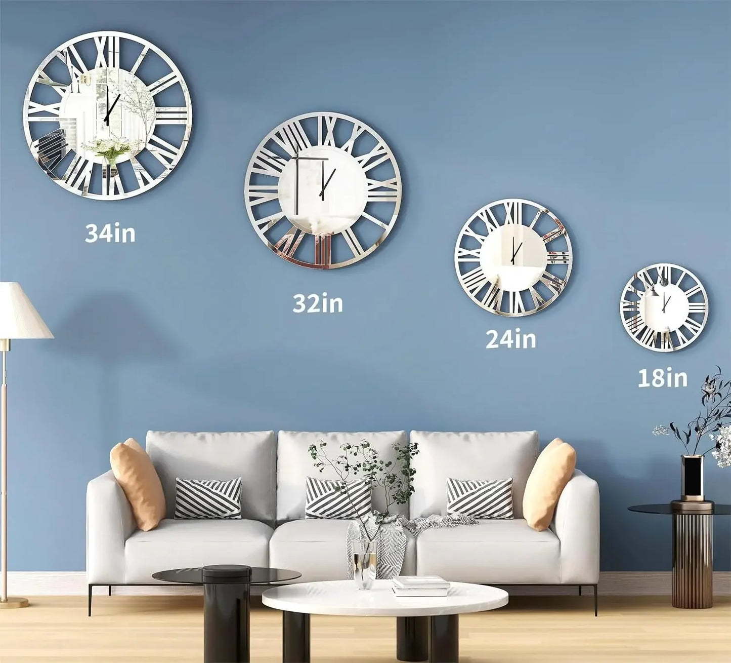 24" Large Wall Clock Decorative, Acrylic Mirrored Clock for Living Room Decor, Big Silver Modern Wall Clocks Decor