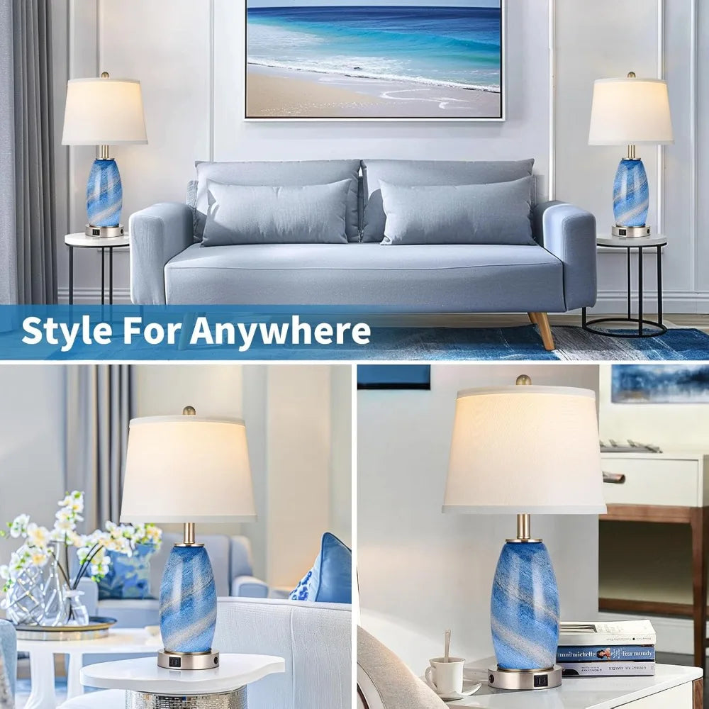 Blue Lamps Set of 2 for Bedroom & Bedside with 3-Way Lighting Modes & USB C+A - Modern Style Glass Nightstand Table Lamps for Li
