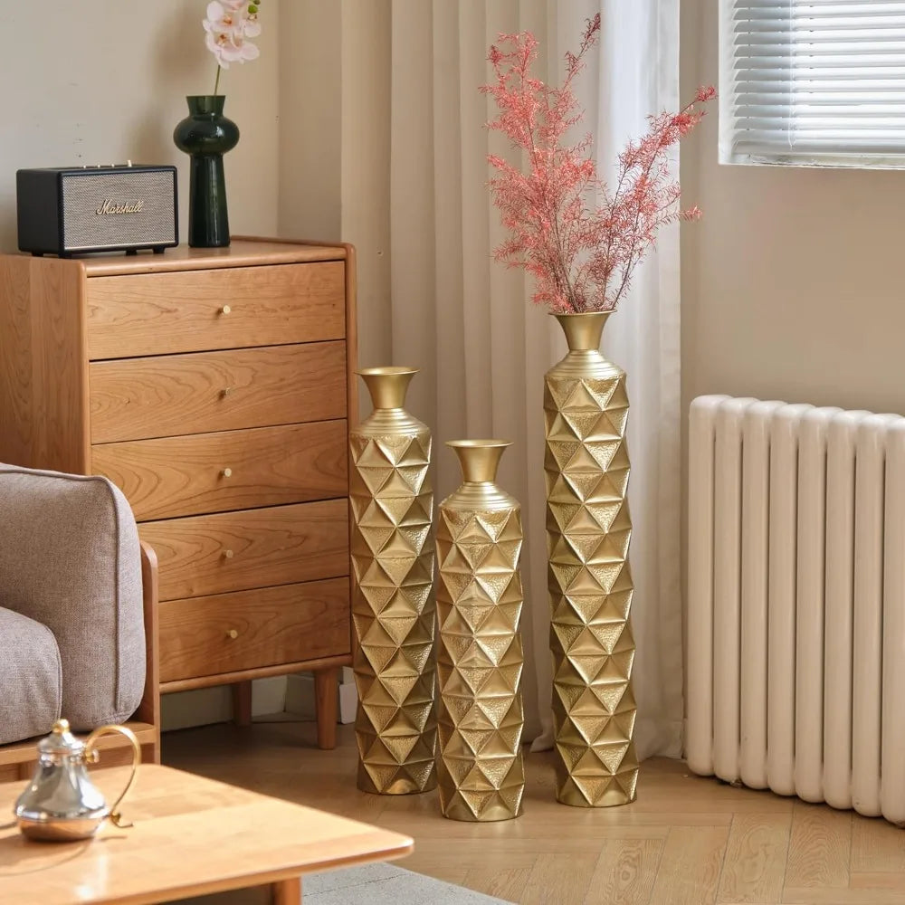 Gold Metal Vase Set of 3, Metallic Centerpiece Decorative Vases with Twigs Dried Flowers for Home Living Room32" H, 28" H, 24" H