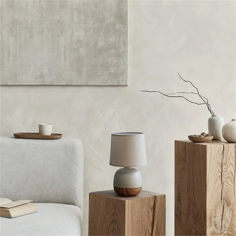 Petite Mid Century Table Lamp Wood Print Base Gray Fabric Shade E12 Bulb Compatible 5ft Plug Cord Home Decor Lighting