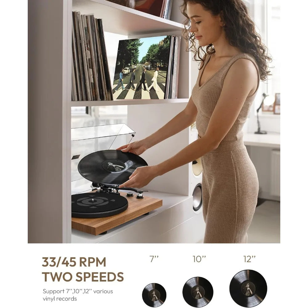 Vinyl Record Player with Stereo Speakers, Turntable with Built-in Preamp, S-Shaped Tonearm, 33/45 RPM