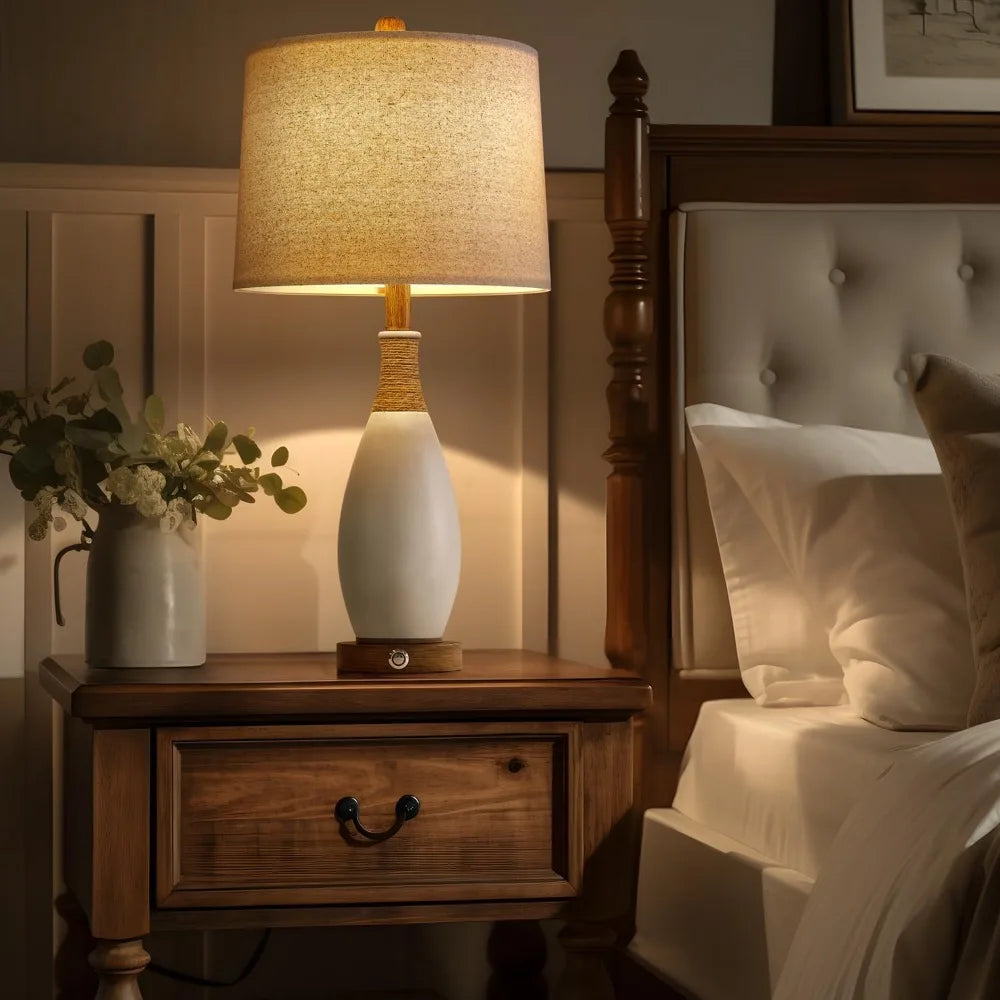 OYEARS 24.5” 3-Way Dimmable Touch Control Bedside Table Lamp Set of 2 with USB and Type-C Charging Ports Modern Farmhouse Nights