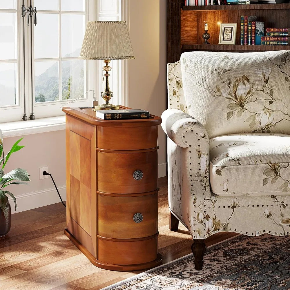 Wood End Table, 2-Drawer Narrow Side Table with Charging Station, No Assembly Required, Finished Back