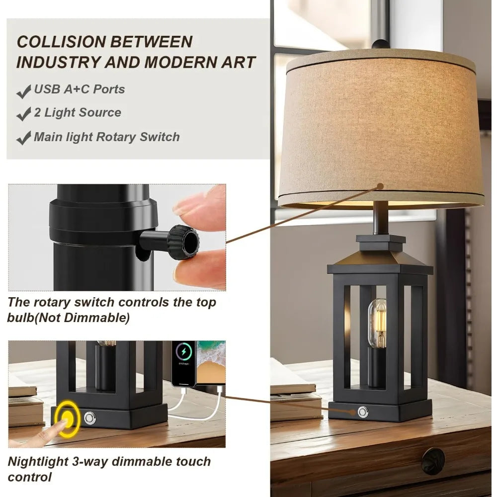 23.75" Retro Farmhouse Black Table Lamp for Living Room Bedroom Nightstand Set of 2 Touch Control Bedside Nightlight Vintage Mod