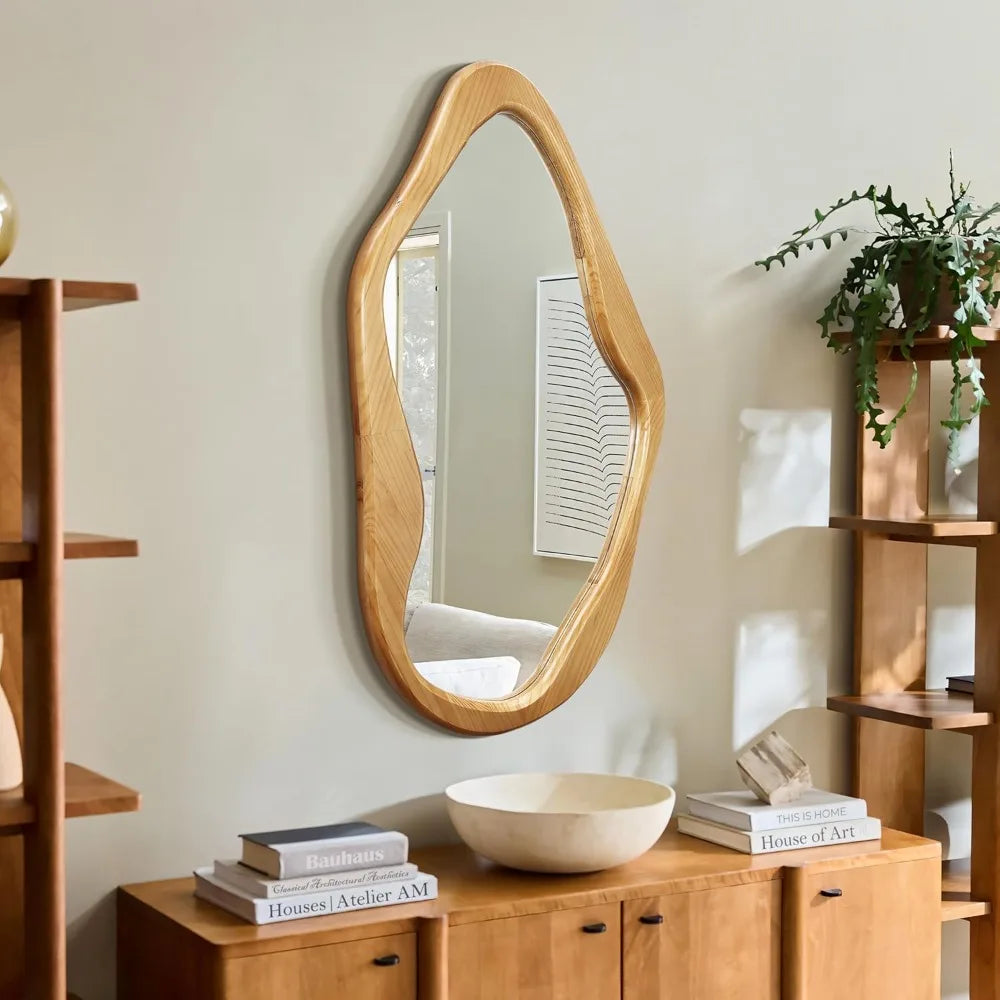 LuxenHome Asymmetrical Wall Mirror with Natural Pine Wood Frame,Irregular Wall Mirror for Living Room,Entryway,Bedroom,Decorativ