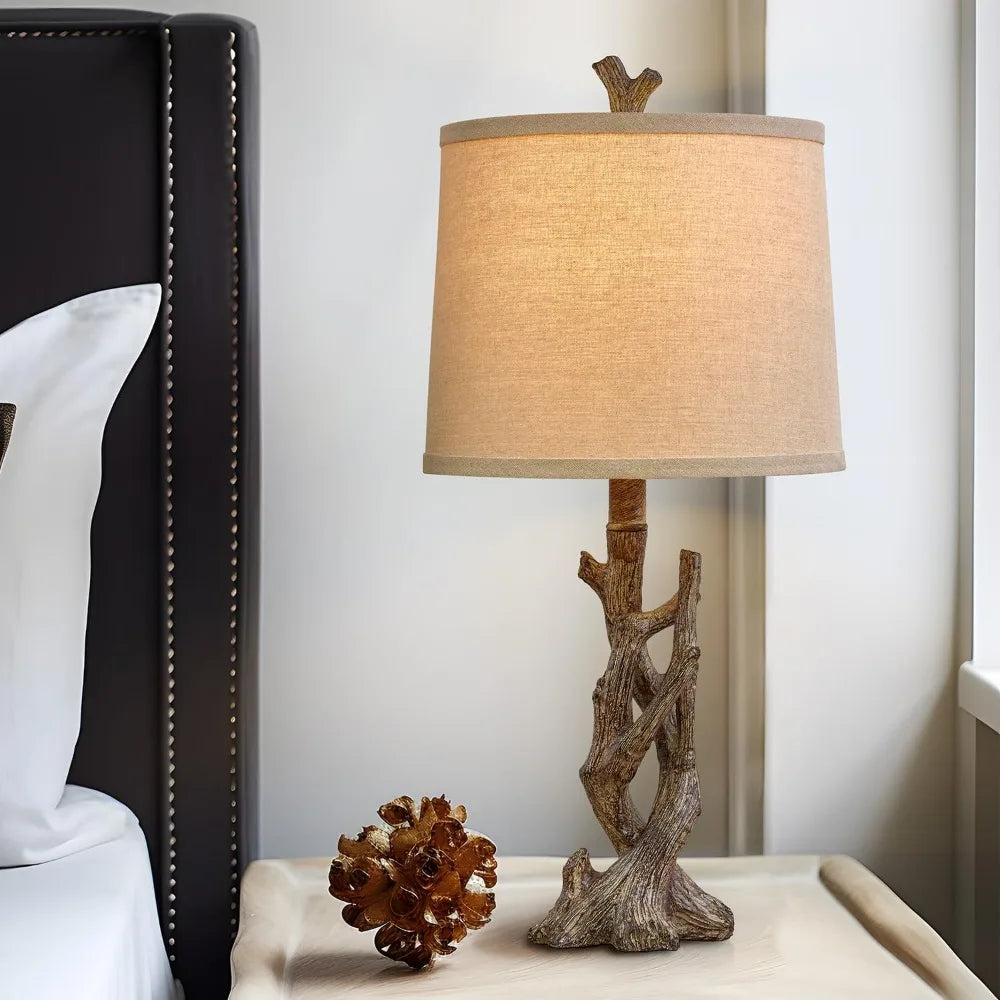 OYEARS 23" Rustic Farmhouse Table Lamp Country Cottage Lamps for Nightstand Tree Trunk Wood Grain Lamp for Bedroom Living Room w