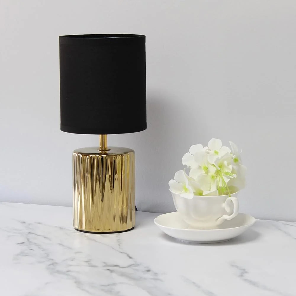 Modern Metallic Gold Ruffled Table Lamp with Black Drum Shade Accessible Switch Home Decor Accent Lighting 11.61 Inch Height