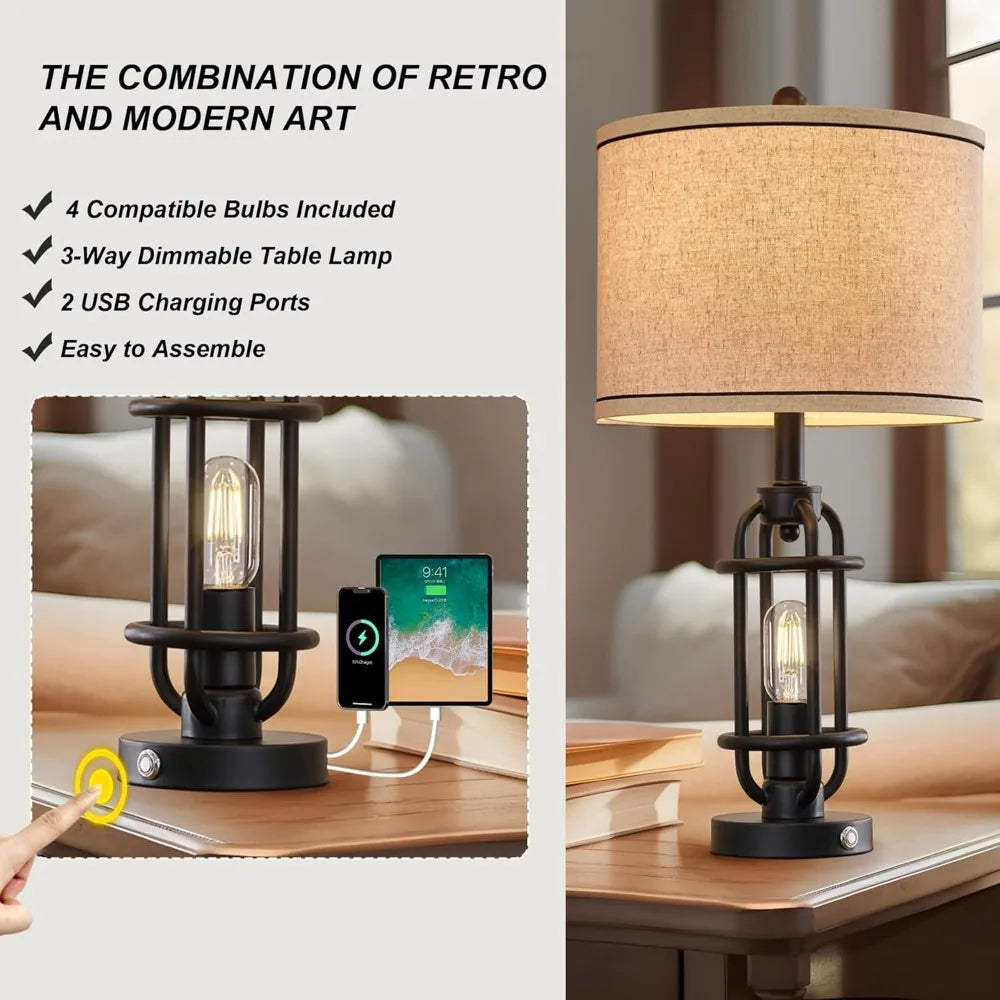 23.75'' Industrial Black Metal Table Lamps Living Room Lamp for Nightstand Bedroom lamps Set of 2 Bedside End Side Table Lamps H