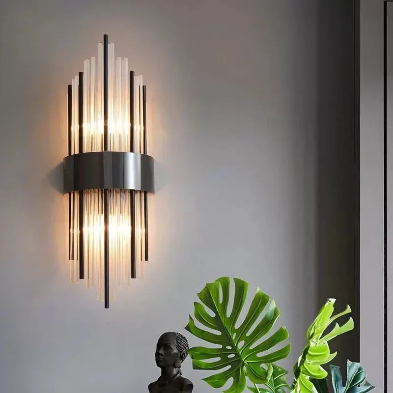Nordic Luxury Crystal Wall Lamp Stainless Steel Black Gold LED Wall Light Living Room Stairs Bedroom Bedside Room Decor Fixture